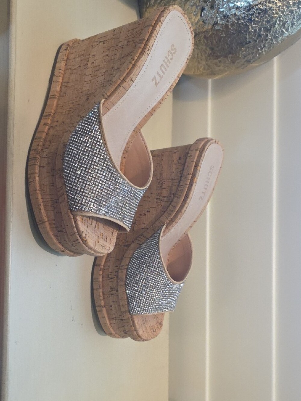 New With Flaws SCHUTZ Silver Rhinestone Cork Platform Slide Sandals - Picture 5 of 10